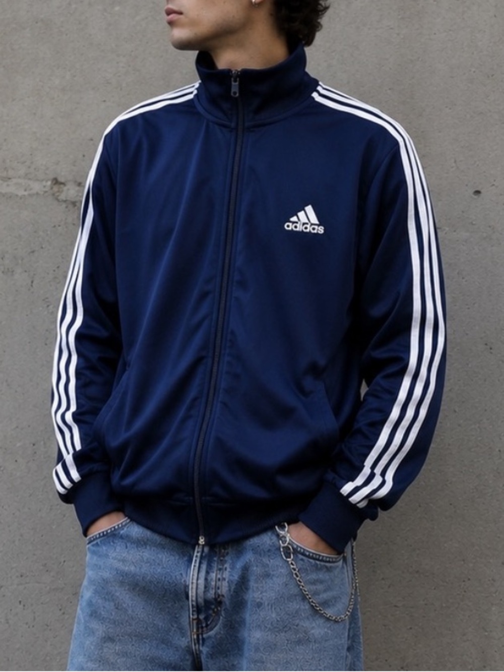 Vintage Y2K Adidas Navy Blue 3-Stripe Track Jacket Full Zip Men’s Large